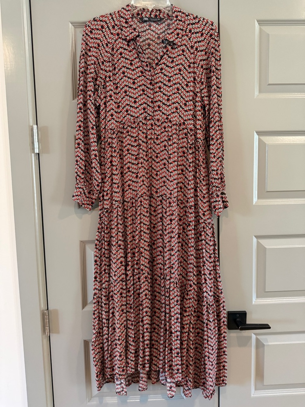 Zara Flowy Tiered Maxi Dress with Navy, Tan, Red & White Floral Print